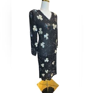 Vintage 1980’s Black Silk Beaded Midi Dress Long Sleeve V-Neck Size L